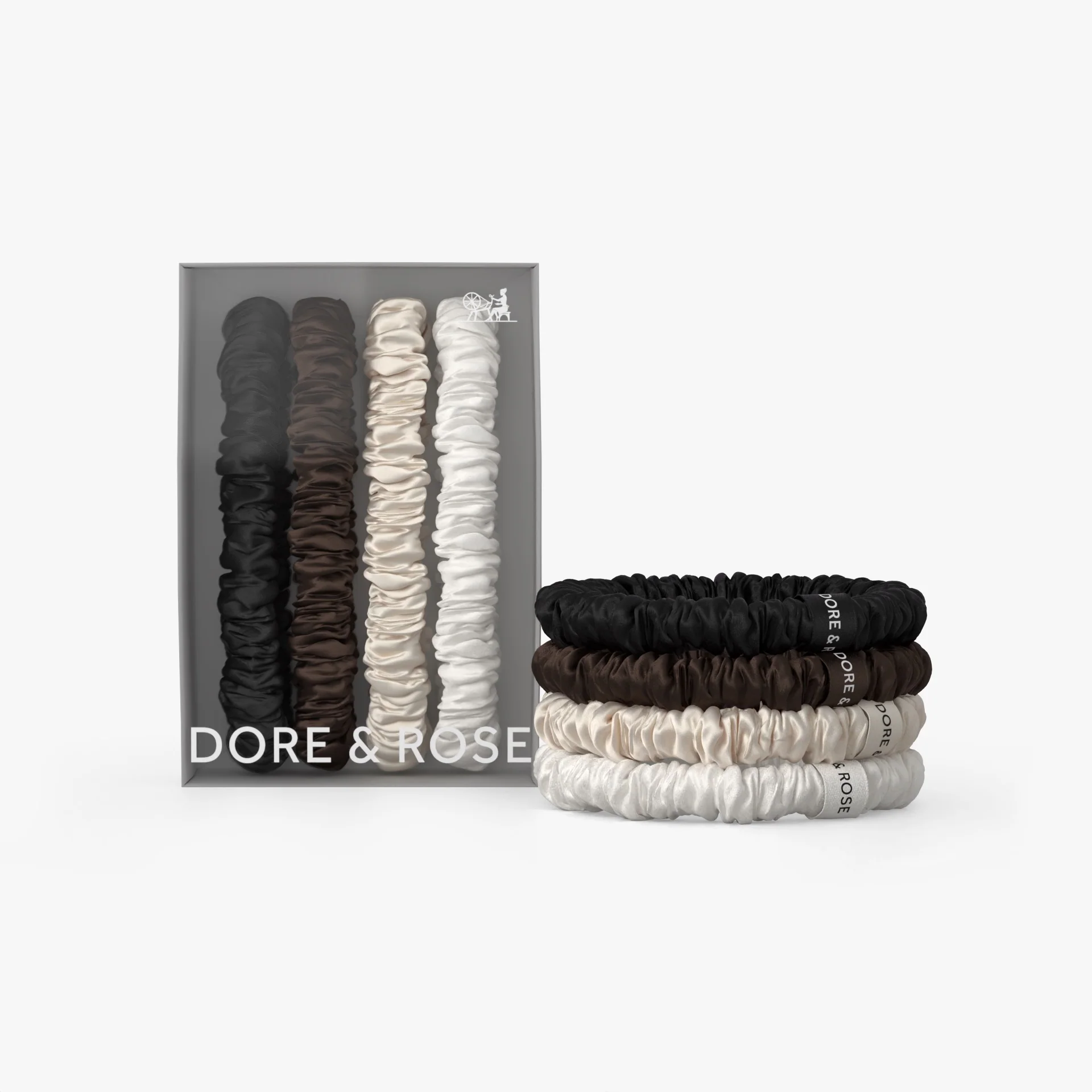 Dore & Rose Silk Scrunchies in black, brown, champagne, and white