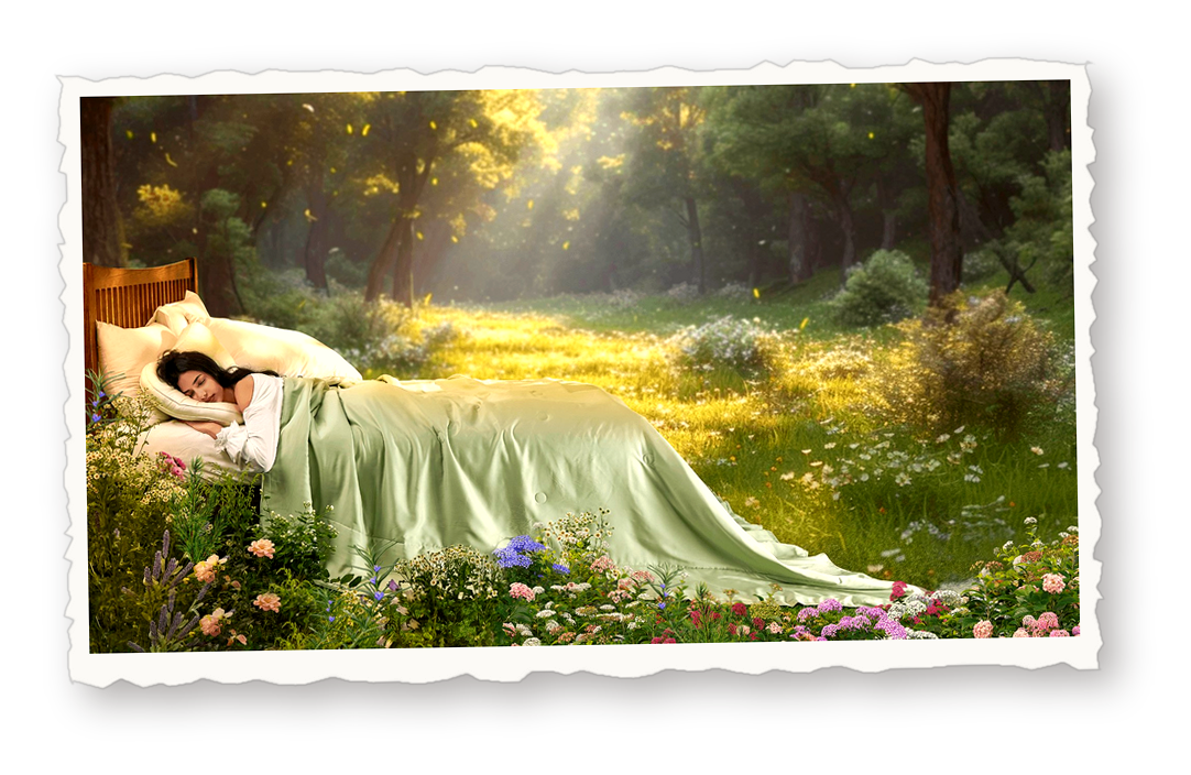 Woman sleeping peacefully in a dreamy forest setting